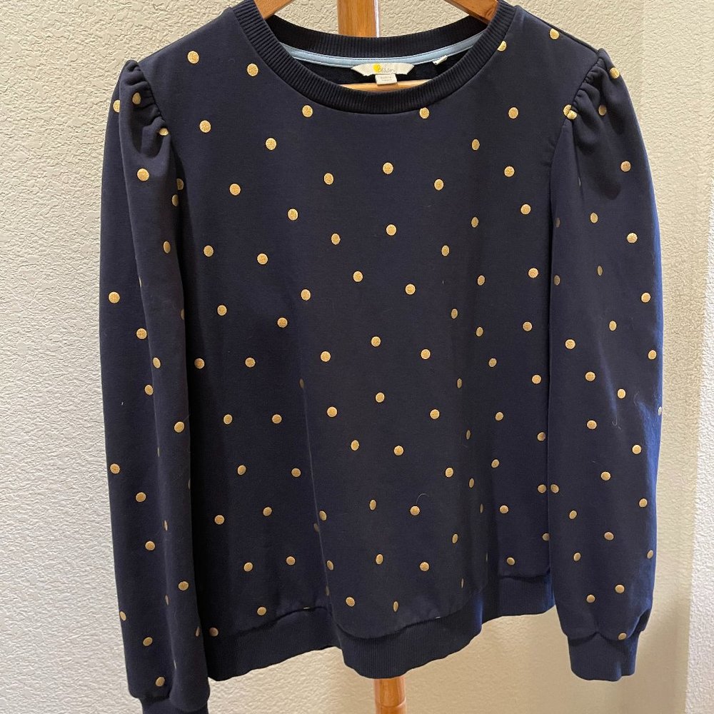 Boden Puff-Sleeved Sweatshirt in Navy w/ Gold Polkas, WOMEN'S SIZE US 14/UK 18